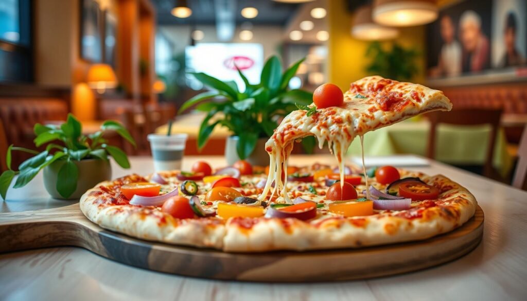 A beautifully arranged gluten-free pizza from Pizza Hut, freshly baked and topped with vibrant vegetables like bell peppers, red onions, and cherry tomatoes, showcasing its colorful toppings. In the foreground, a wooden pizza board displays a slice being lifted, cheese stretching enticingly. The middle ground features a table setting with a casual dining atmosphere, including green leafy plants and a bright tablecloth. The background captures a warm and inviting restaurant interior with soft lighting, enhancing the cozy vibe. The angle is slightly above eye level, focusing on the pizza but allowing the inviting decor to subtly frame the composition. The mood is friendly and welcoming, perfect for families seeking safe dining options.