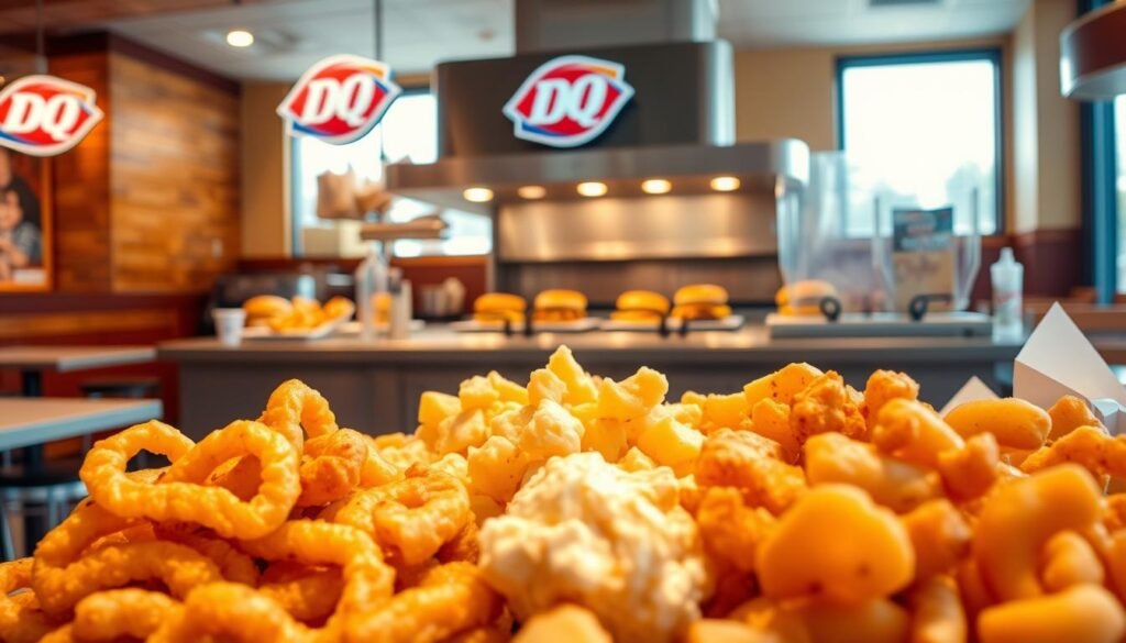 A brightly lit Dairy Queen Grill & Chill restaurant interior, showcasing an array of classic sides and shareables. In the foreground, a selection of tempting dishes including crispy golden-brown onion rings, creamy mashed potatoes, and savory cheese curds. The middle ground features a tantalizing display of the grill's signature burgers and hot dogs, sizzling on the open kitchen grill. In the background, the warm, inviting atmosphere is enhanced by wooden accents and the iconic Dairy Queen logo. Soft, natural lighting filters through the windows, creating a cozy, welcoming ambiance. The overall scene evokes a sense of classic American diner charm and the irresistible flavors of the Dairy Queen Grill & Chill experience.