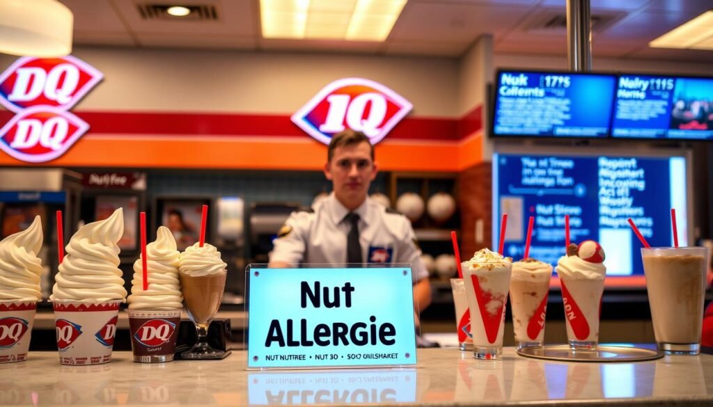 A brightly lit Dairy Queen counter, with a prominent sign displaying "Nut Allergies" in bold text. In the foreground, an assortment of nut-free treats and desserts, including soft-serve ice cream, Blizzards, and milkshakes. The middle ground features a server in a crisp uniform, ready to assist customers with allergy-friendly options. In the background, the familiar Dairy Queen branding and decor, but with a focus on highlighting the nut-free choices available. The lighting is warm and inviting, creating a welcoming atmosphere for those with nut allergies. The overall scene conveys a sense of safety and attention to dietary needs within the Dairy Queen experience.
