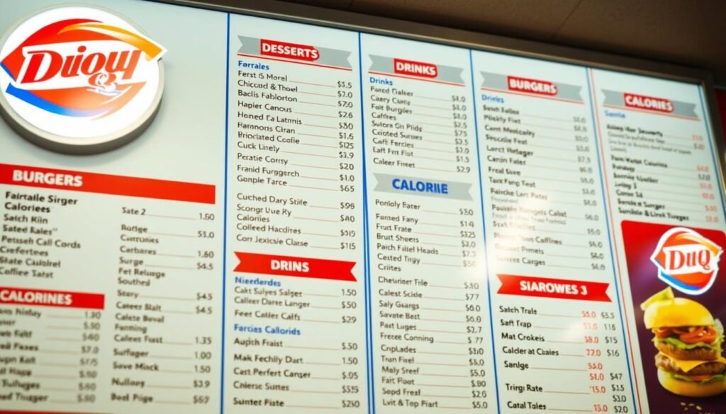A brightly lit, detailed image of the Dairy Queen menu board, showcasing a variety of menu items and their corresponding calorie counts. The menu is presented in a clean, organized layout, with the different sections (desserts, burgers, drinks, etc.) clearly delineated. The calorie information is prominently displayed next to each item, allowing for easy comparison. The lighting is warm and inviting, creating a welcoming atmosphere. The camera angle is slightly elevated, providing a comprehensive view of the entire menu. The background is slightly blurred, keeping the focus on the menu itself. The overall mood is informative and helpful, aiming to educate the viewer about the calorie content of the Dairy Queen offerings.