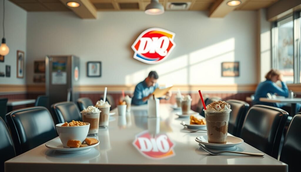 A brightly lit diner interior, with a prominent Dairy Queen logo on the wall. In the foreground, a variety of dairy-free, gluten-free, and vegetarian menu options are displayed on a sleek, minimalist table setting. The middle ground features a customer perusing the menu, considering their dietary needs. The background showcases the classic Dairy Queen aesthetic, with a cozy, inviting atmosphere. The lighting is warm and natural, creating a welcoming ambiance. The overall tone conveys a sense of inclusivity and cater to a diverse range of dietary preferences.