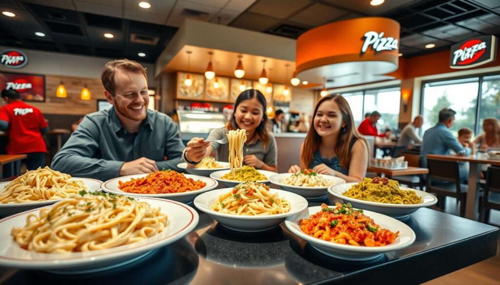 A bustling Pizza Hut interior, featuring a lush tabletop laden with various pasta dishes, including creamy Alfredo, zesty marinara, and tangy pesto. In the foreground, a cheerful family of four, dressed in modest casual clothing, shares their thoughts on the food, with one holding a fork poised above a delicious pasta dish, showcasing their enthusiasm. The middle ground displays a vibrant pizza counter with servers in red uniforms preparing fresh pasta and pizza. The background features warm ambient lighting from overhead fixtures, inviting decor with Pizza Hut branding, and happy diners enjoying their meals, creating a cozy atmosphere. The scene captures the happiness and satisfaction of enjoying Pizza Hut's pasta offerings, with a focus on delicious food presentation.