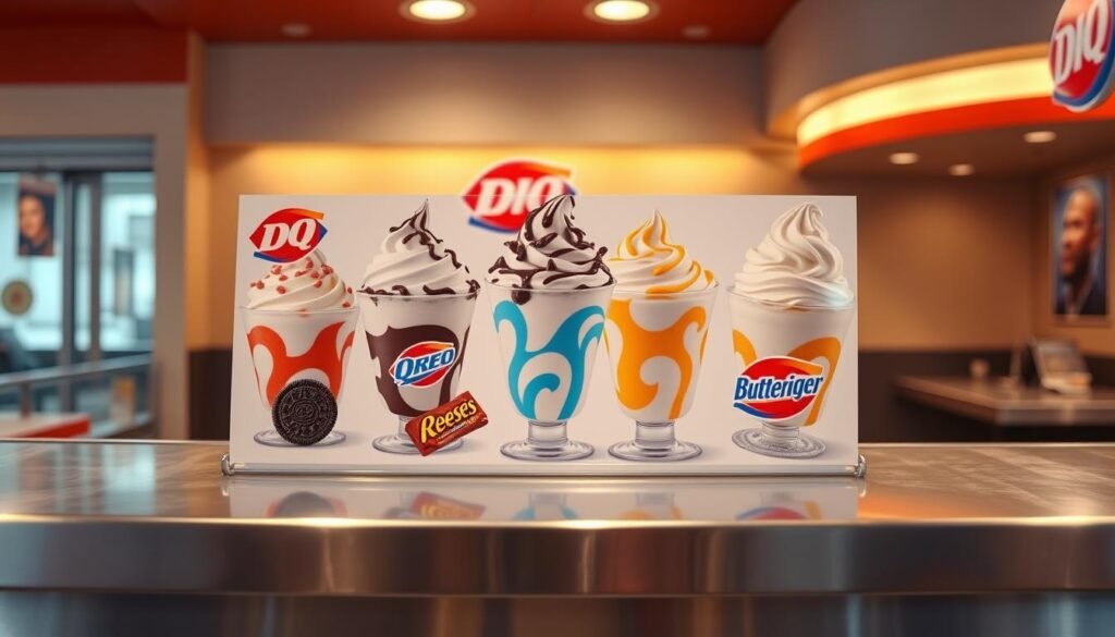 A classic Dairy Queen Blizzard menu displayed on a sleek, stainless steel counter, with a soft, diffused lighting illuminating the various flavors and toppings. The menu features high-resolution images of signature Blizzard treats, such as Oreo, Reese's, and Butterfinger, all swirled with creamy vanilla soft-serve. The background is a warm, inviting interior with a touch of modern, minimalist design, hinting at the iconic Dairy Queen brand and its timeless appeal. The scene evokes a sense of indulgence and nostalgia, perfectly capturing the essence of the Dairy Queen Blizzard menu and its legendary status as a beloved dessert offering.