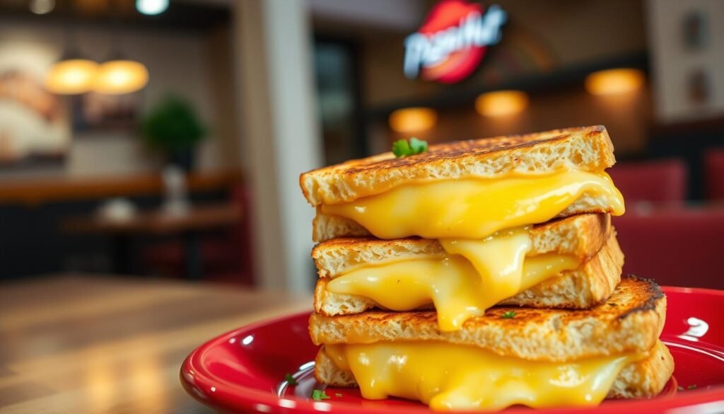 A close-up view of Pizza Hut grilled cheese melts, featuring golden-brown, perfectly toasted bread filled with stretchy, melted cheese, showcasing the delicious gooeyness. The foreground highlights a few cheese melts stacked on a vibrant red plate, garnished with fresh herbs for a pop of color. In the background, a soft-focus image of a cozy Pizza Hut restaurant setting with warm, inviting lighting casts a delicious glow over the scene. The overall atmosphere is appetizing and inviting, enticing viewers to crave the cheesy delights. The angle is slightly tilted, capturing the texture and gooeyness of the cheese as it oozes from the melts. No text or branding elements are visible.