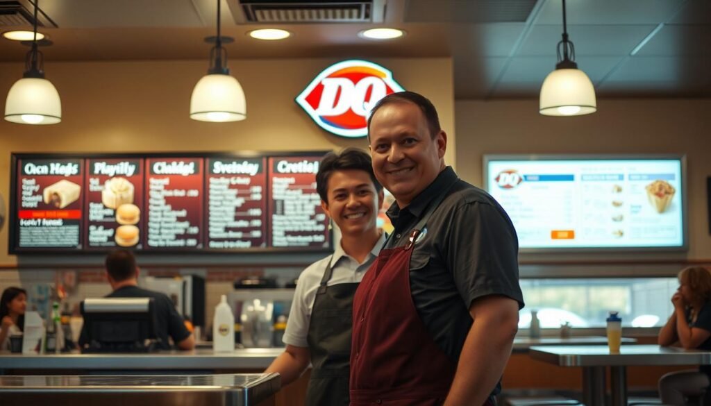A cozy, well-lit diner interior with a Dairy Queen counter in the foreground. Crisp, clean lighting highlights the menu boards behind the counter, showcasing a range of classic DQ treats and the secret menu items in vivid detail. In the middle ground, a friendly server stands ready to assist a customer, their expression warm and welcoming. The background features other diners enjoying their DQ delights, creating a lively, inviting atmosphere. The overall scene conveys a sense of anticipation and delight, perfectly suited for the "How to order secret items politely and successfully" section of the article.