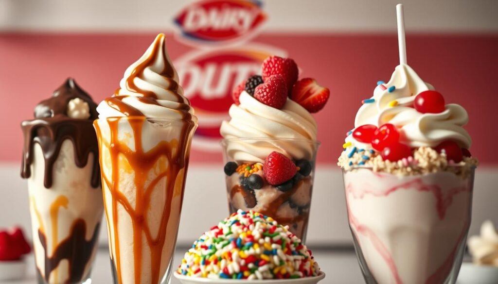 A delectable arrangement of Dairy Queen's signature sundaes, captured in rich, vibrant detail. In the foreground, a trio of towering treats - a classic hot fudge sundae with cascading chocolate sauce, a caramel-drizzled delight, and a vibrant strawberry sundae adorned with plump berries. The middle ground showcases an array of toppings, from colorful sprinkles to whipped cream and cherries, all glistening under soft, diffused lighting. The background hints at the familiar Dairy Queen branding, with a subtle, pastel-hued backdrop that evokes the brand's timeless aesthetic. The overall scene exudes a mouthwatering, indulgent atmosphere, inviting the viewer to savor the creamy, frozen delights.
