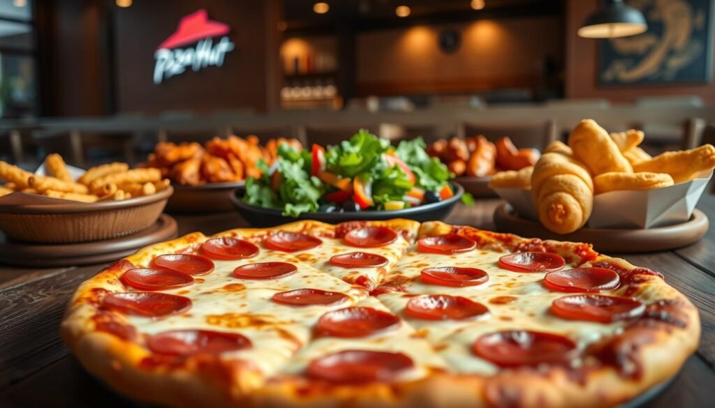 A delicious spread of Pizza Hut's value picks, artfully arranged on a rustic wooden table. In the foreground, a mouthwatering medium pepperoni pizza with perfectly melted cheese, surrounded by a variety of sides like cheesy breadsticks, spicy wings, and crispy, golden garlic knots. The middle layer features a vibrant salad with fresh greens and colorful vegetables, complementing the hearty meal. In the background, softly blurred Pizza Hut branding and a warm, inviting restaurant ambiance. The scene is illuminated by soft, warm lighting, mimicking the cozy atmosphere of a dining space, with an inviting, casual feel. The angle is slightly overhead, emphasizing the array of food, evoking a sense of abundance and value for budget-minded diners.
