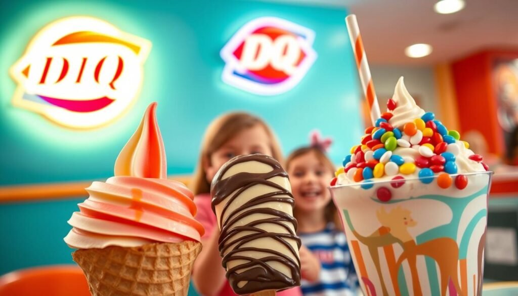 A delightful and vibrant scene of a Dairy Queen kids' dessert, captured in a warm, inviting atmosphere. In the foreground, an array of colorful, whimsical treats - a soft-serve ice cream swirl in a waffle cone, a decadent chocolate-dipped Dilly Bar, and a playful Blizzard Treat overflowing with candy toppings. The middle ground features a group of smiling, excited children eagerly anticipating their desserts, their faces lit by the soft, golden glow of the Dairy Queen logo. The background showcases the classic Dairy Queen aesthetic, with a retro-inspired interior and pops of the brand's iconic teal and orange hues. The overall image conveys a sense of joy, nostalgia, and the irresistible allure of Dairy Queen's delightful kids' desserts.