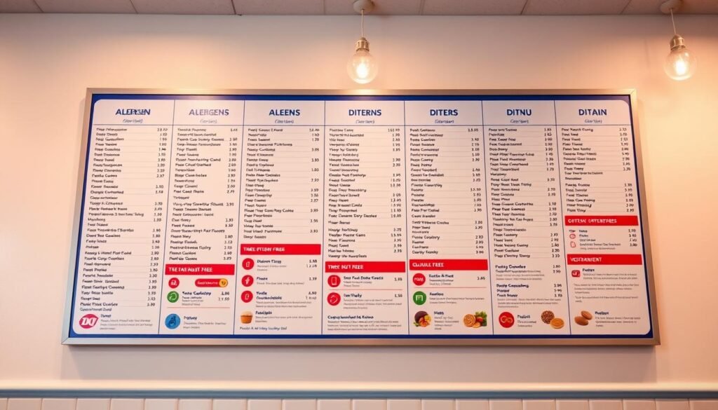 A detailed, informative menu board showcasing the allergen and dietary information for Dairy Queen's food items. The board is hung on a clean, bright white wall with subtle warm lighting illuminating the display. The menu items are presented in a clear, organized layout with icons and labels highlighting key details like gluten-free, nut-free, and vegetarian options. The overall tone is professional and informative, designed to help health-conscious customers make informed choices about their DQ orders.