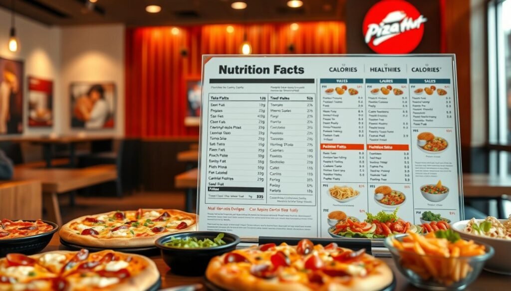 A detailed visual representation of Pizza Hut nutrition facts displayed on a modern, clean menu board. In the foreground, a colorful array of various Pizza Hut dishes, including pizzas with different toppings, salads, and sides. The middle layer features a large, clear infographic presenting nutrition facts, such as calorie counts and nutritional values, all arranged neatly for easy readability. The background shows a cozy, inviting Pizza Hut restaurant interior, with warm lighting enhancing the friendly atmosphere. The scene should be captured with a slightly angled perspective, resembling an inviting table setting, using soft focus on the restaurant elements to draw attention to the nutrition infographic without any text or logos. The mood is informative and appetizing, perfect for illustrating healthy dining choices.