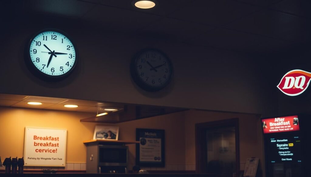 A dimly lit Dairy Queen restaurant interior, with a prominent clock on the wall showing the time after breakfast hours have ended. The counter and menu boards are visible, displaying a message indicating that breakfast service has concluded for the day. Soft, warm lighting creates a cozy atmosphere, while the overall scene conveys a sense of transition from the morning to the rest of the day's operations. The image should capture the subtle shift in the restaurant's energy and offerings as the breakfast period comes to a close.