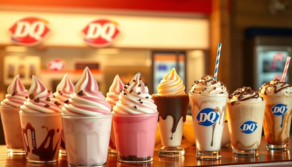 A luscious display of Dairy Queen's decadent dessert menu, illuminated by warm, golden lighting that casts a cozy, inviting atmosphere. In the foreground, an assortment of creamy Blizzard treats, swirled and topped with mouthwatering toppings, take center stage. In the middle ground, a variety of iconic Dairy Queen favorites, such as the classic soft-serve cone, the rich, fudgy Dilly Bar, and the refreshing Peanut Buster Parfait, are neatly arranged. The background features a blurred, yet recognizable Dairy Queen storefront, hinting at the wide array of beloved, fan-retired items that can be special-ordered. The overall composition evokes a sense of nostalgic delight and the irresistible allure of Dairy Queen's indulgent dessert selection.