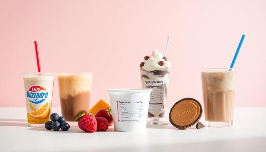 A minimalistic still life composition showcasing a selection of Dairy Queen's healthier dessert options. In the foreground, an assortment of fruit-based treats like the Tropical Blizzard and Light Smoothie, presented on a clean white surface with muted natural lighting. In the middle ground, a low-fat Yogurt Parfait and a Reese's Peanut Butter Cup Blizzard with their nutritional information visible. The background fades into a soft, pastel-toned gradient, creating a calming, almost clinical atmosphere to emphasize the health-conscious theme. The overall scene evokes a sense of balance, moderation, and nutritional awareness when it comes to indulging in Dairy Queen's diverse dessert menu.