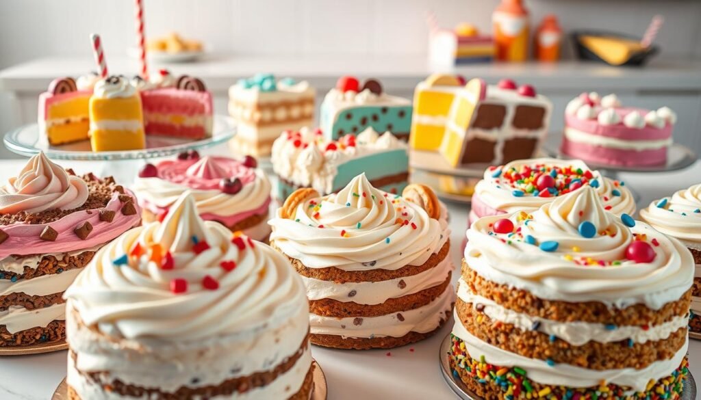 A mouthwatering display of Dairy Queen's iconic ice cream cakes, captured in a vibrant and appetizing still life. In the foreground, a variety of decadent cakes adorned with swirls of creamy frosting and colorful toppings, their textures and layers inviting the viewer to indulge. The middle ground features a selection of party-ready ice cream treats, from festive pies to individual slices, all arranged against a backdrop of a clean, bright setting, perhaps a kitchen counter or display case, bathed in warm, natural lighting that enhances the delectable appeal. The overall composition conveys a sense of summer celebration and the irresistible allure of Dairy Queen's beloved frozen desserts.
