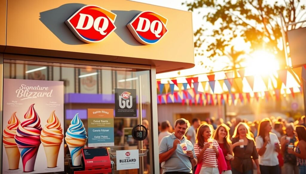 A sleek, modern Dairy Queen storefront bathed in warm, golden afternoon light. In the foreground, the signature Blizzard menu is prominently displayed, each flavor represented by a vibrant, swirling ice cream treat. In the middle ground, a group of smiling customers enjoying their free Blizzards, engaged in lively conversation. The background showcases a bustling community event, with colorful banners and decorations celebrating the special promotion. The overall scene conveys a sense of joy, generosity, and the delightful experience of indulging in a complimentary Dairy Queen Blizzard.