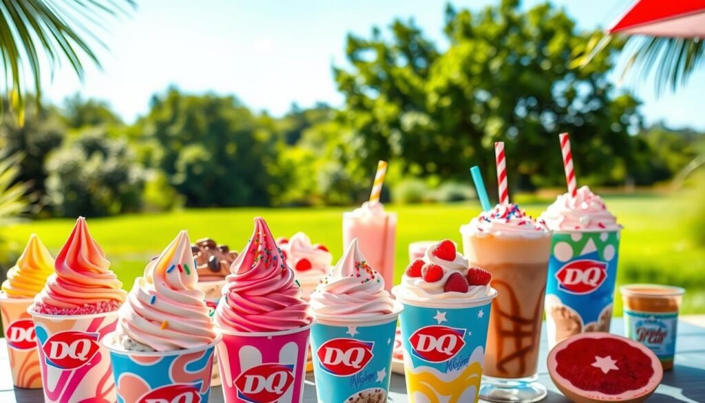 A sun-drenched outdoor setting showcasing an array of vibrant, summer-themed Dairy Queen menu items. In the foreground, a tempting display of colorful and creamy soft-serve ice cream treats, garnished with fresh fruit, sprinkles, and sauces. In the middle ground, an assortment of classic Dairy Queen desserts and shakes, their icy coolness glistening under warm, natural lighting. In the background, a lush, verdant landscape frames the scene, evoking a sense of refreshing summertime bliss. The overall composition radiates an inviting, cheerful atmosphere, capturing the essence of Dairy Queen's limited-time seasonal offerings.