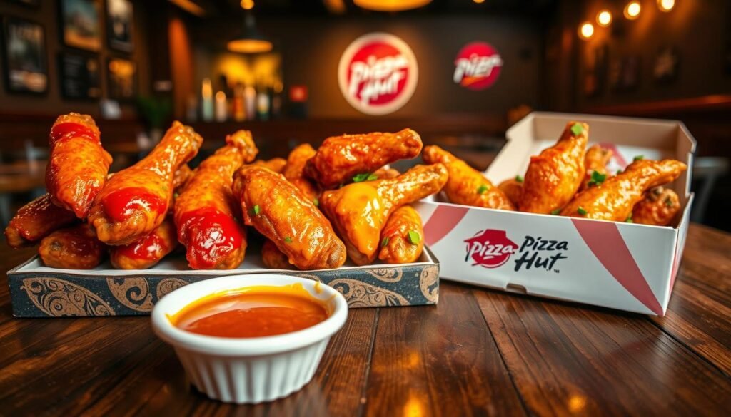 A tantalizing display of limited-edition chicken wings arranged on a rustic wooden table. The wings are coated in an array of vibrant, unique sauces, showcasing eye-catching colors like fiery red, golden honey, and zesty green. In the foreground, a small bowl of dipping sauce, garnished with fresh herbs, complements the wings. The middle ground features a soft-focus pizza box with the Pizza Hut logo, open to reveal a tantalizing pizza, hinting at the menu variety. The background is softly blurred, depicting a cozy restaurant setting with warm, ambient lighting creating an inviting atmosphere. Capture this scene using a low-angle shot, emphasizing the delicious wings against the casual, lively backdrop, evoking excitement and a sense of exclusivity.
