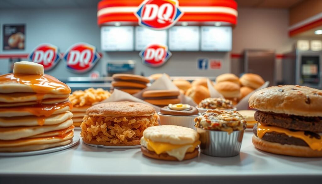 A tempting display of Dairy Queen's breakfast options, captured in a warm, inviting light. In the foreground, an array of fluffy pancakes, crisp hash browns, and savory breakfast sandwiches stand out against a clean, modern backdrop. The middle ground features a selection of indulgent breakfast treats, such as decadent cinnamon rolls and flaky biscuits, while the background hints at the familiar Dairy Queen branding and ambiance. The overall scene exudes a comforting, nostalgic atmosphere, inviting the viewer to imagine the satisfying flavors and textures of these limited, location-specific morning delights.