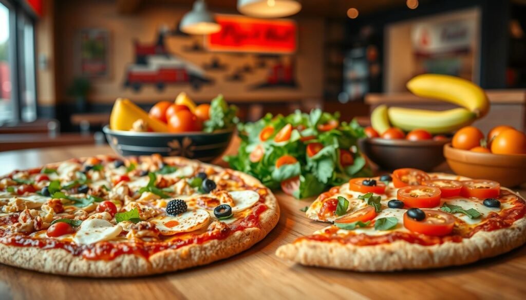 A vibrant and appetizing still life of healthy Pizza Hut menu options. In the foreground, a wooden table displays a colorful assortment of fresh, nutritious pizza slices featuring whole grain crust, topped with assorted vegetables, lean proteins like grilled chicken, and low-fat cheese, elegantly arranged for visibility. The middle ground showcases a crisp salad with mixed greens, cherry tomatoes, and a light vinaigrette dressing, along with a bowl of fresh fruit, highlighting a balanced meal. In the background, a warm, inviting Pizza Hut restaurant ambiance is visible, with soft lighting and a welcoming atmosphere. The shot is taken from a slightly elevated angle to capture the spread, creating a mood of health-conscious indulgence.