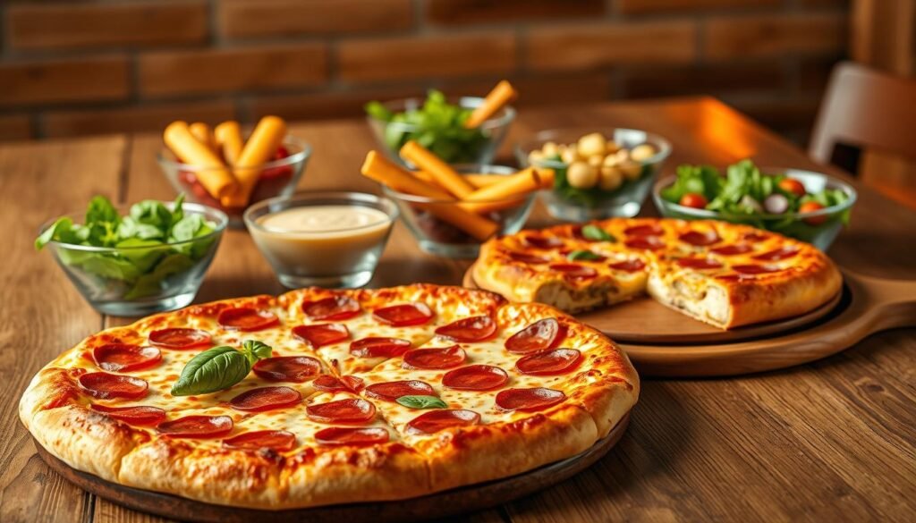A vibrant and inviting pizza scene showcasing a variety of Pizza Hut's best picks arranged on a rustic wooden table. In the foreground, feature a large pepperoni pizza with a golden, crispy crust, melted cheese bubbling attractively, and garnished with fresh basil leaves. Nestled beside it, a tempting stuffed crust pizza with visible cheese oozing from its edges. In the middle ground, an assortment of side dishes such as garlic breadsticks with dipping sauce and a fresh garden salad in a clear bowl are placed in elegant serving sets. The background should be softly blurred, hinting at a cozy dining atmosphere with warm ambient lighting casting a welcoming glow over the scene. Capture the image with a slightly elevated angle to emphasize the food arrangement, creating a mouth-watering and social dining mood perfect for casual gatherings.