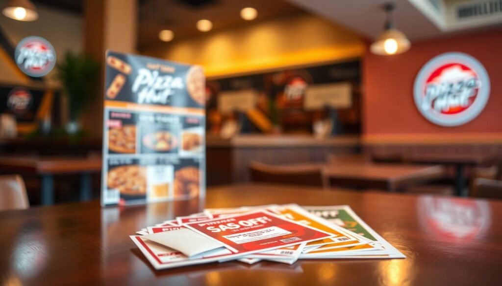 A vibrant and inviting scene showcasing a tabletop display of Pizza Hut promo codes and coupons. In the foreground, several colorful, visually appealing printed promo codes are neatly arranged with a small envelope, reflecting the excitement of savings. The middle ground features a slightly blurred Pizza Hut menu with images of their latest offerings, emphasizing the deals. In the background, a soft-focus restaurant ambiance includes a subtle Pizza Hut logo on the wall, enhancing brand recognition. The lighting is warm and inviting, creating a cozy atmosphere, with a shallow depth of field to draw attention to the promo codes. The overall mood should evoke enthusiasm and anticipation for delicious food deals.