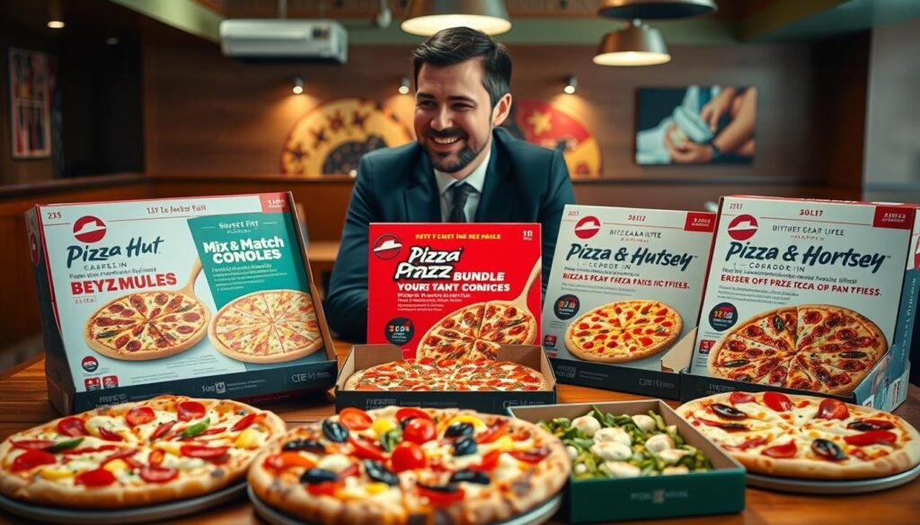 A vibrant display of assorted pizza boxes showcasing the latest Pizza Hut deals in a cozy dining environment. In the foreground, a table is set with an appetizing selection of colorful pizzas topped with various ingredients such as pepperoni, vegetables, and cheeses, arranged artfully. The middle ground features attractive bundles and mix-and-match combo boxes with enticing visuals. The background is a warm, inviting restaurant atmosphere with soft lighting highlighting the pizza details, complete with a wooden table surface. A professional individual in smart casual attire admires the pizzas, adding a lively human element to the scene. The overall mood is cheerful and inviting, evoking a sense of community and delicious choices.