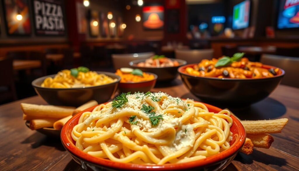 A vibrant, mouth-watering arrangement of various Pizza Hut pasta dishes, including creamy Alfredo, hearty marinara, and zesty spicy chicken pasta, displayed on a rustic wooden table. In the foreground, a colorful bowl of fettuccine Alfredo topped with parsley and grated cheese, along with a side of garlic breadsticks. The middle section showcases a serving of penne pasta with marinara sauce, garnished with basil and served in a modern bowl. In the background, a warm, inviting restaurant ambiance with soft, diffused lighting highlighting the dishes, creating an inviting atmosphere. Capture the image from a slightly elevated angle to showcase the textures and colors of the pastas in a cozy, intimate dining setting.