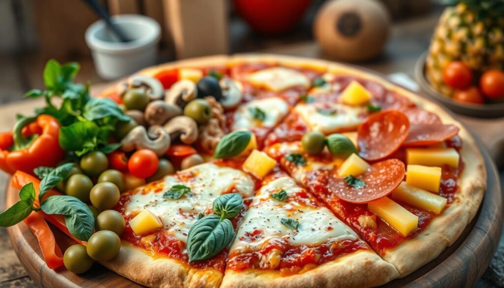 A vibrant, overhead view of a wooden pizza board loaded with a variety of pizza toppings. The foreground features an assortment of colorful and fresh ingredients: bright red bell peppers, green olives, sliced mushrooms, spicy pepperoni, chunks of juicy pineapple, and fresh basil leaves arranged artfully. The middle ground showcases a partially baked pizza crust topped with rich, bubbling mozzarella cheese, drizzled with tangy tomato sauce. In the background, a rustic kitchen setting with soft, warm lighting enhances the inviting atmosphere. The image captures the essence of classic and premium pizza toppings, blending mouth-watering colors and textures to entice the viewer. The camera angle is slightly tilted to emphasize the toppings, creating a dynamic and appetizing composition.