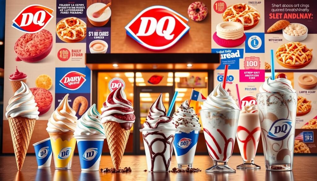 A vibrant, visually compelling image showcasing the latest trends in Dairy Queen's menu. Prominently featured in the foreground are various seasonal and limited-time treats, such as ice cream cones, sundaes, and blizzards, captured with crisp, high-resolution detail. The middle ground depicts the iconic Dairy Queen storefront, illuminated by warm, soft lighting that evokes a welcoming atmosphere. In the background, a collage of menu items, flavor combinations, and promotional graphics creates a sense of dynamism and innovation, reflecting the brand's commitment to constantly evolving and delighting its customers. The overall composition is balanced, with a harmonious color palette and a focus on mouthwatering textures and inviting presentation.