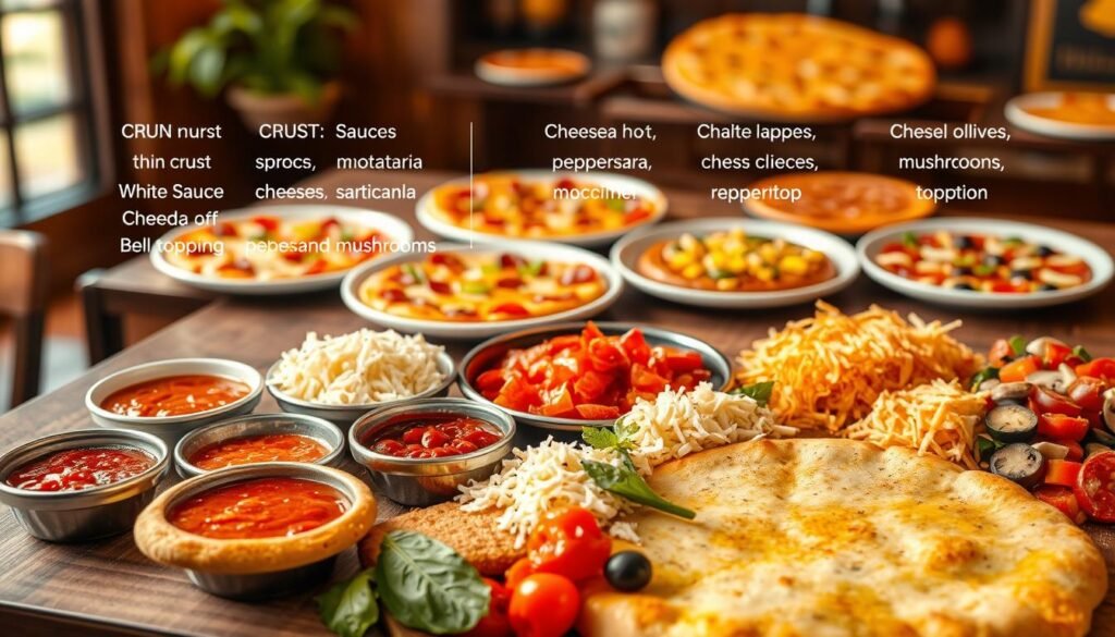 A visually appealing and informative image of a Pizza Hut ingredient list, featuring a detailed breakdown of crusts, sauces, cheeses, and toppings. In the foreground, a colorful assortment of ingredients: a golden, bubbling thin crust, various sauce bowls including classic marinara and white garlic, vibrant arrangements of shredded mozzarella, cheddar, and parmesan cheeses, plus an array of fresh toppings like pepperoni, bell peppers, olives, and mushrooms. The middle ground includes elegant plates displaying different pizza styles, while the background is softly blurred, hinting at a cozy pizzeria atmosphere with warm lighting and rustic decor. The scene exudes a welcoming, appetizing mood, perfect for conveying delicious dining options. Attention to detail is essential, with bright colors and textures that evoke freshness.