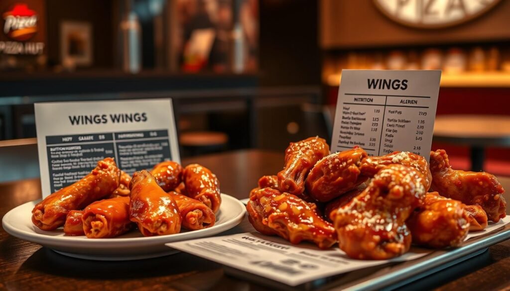 A visually appealing, informative display of a Pizza Hut Wings Menu, focusing on nutrition information and allergen notes. In the foreground, a well-arranged plate of various chicken wings showcasing different sauces – buffalo, barbecue, and garlic parmesan – glistening under soft, inviting lighting. The middle layer features a sleek, dark wooden table with a stylish menu card placed beside the wings, highlighting key nutritional values in an elegant, minimalist design. The background includes a subtle blur of a cozy Pizza Hut restaurant atmosphere, hinting at a welcoming environment. The image should evoke a sense of appetizing intrigue while maintaining clarity in the nutritional focus. Use high-resolution details, captured from a slightly elevated angle, creating depth and highlighting the textures of the wings.