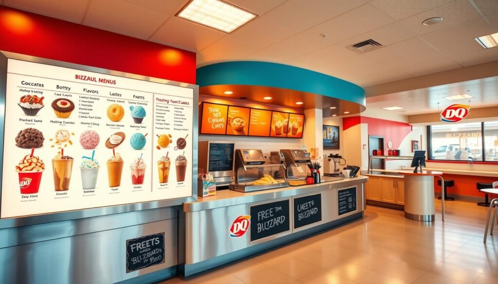 A visually stunning menu display showcasing Dairy Queen's signature Blizzard treats. In the foreground, an array of tempting Blizzard flavors presented on a sleek, minimalist menu board, backlit by warm, golden lighting. The middle ground features a well-stocked, stainless steel counter with a Dairy Queen logo and chalkboard-style details, creating a sense of a modern, well-maintained establishment. In the background, a panoramic view of the Dairy Queen interior, with bright, airy colors and a clean, inviting ambiance. The overall atmosphere evokes a sense of excitement and anticipation for the free Blizzard offerings, enticing customers to take advantage of this limited-time promotion.