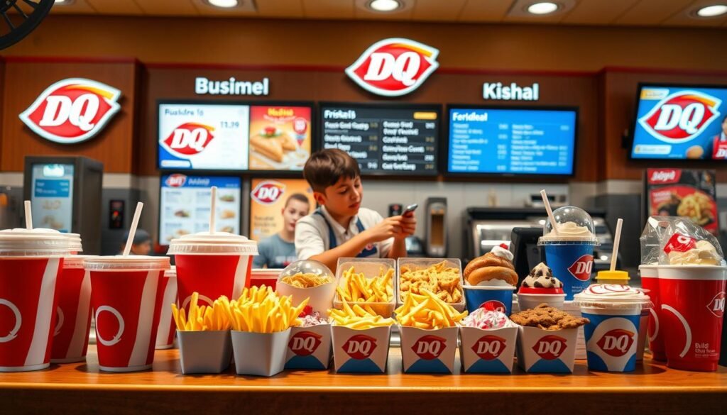 A well-lit, high-quality photograph of a Dairy Queen counter display showcasing a variety of customizable kids meal options. In the foreground, a selection of different-sized soft drink cups, french fry containers, and dessert treats are neatly arranged. In the middle ground, a Dairy Queen employee assists a young customer in building their personalized kids meal, selecting from various protein, side, and beverage choices. The background features the iconic Dairy Queen branding and menu boards, creating a warm, inviting atmosphere. The lighting is soft and natural, highlighting the vibrant colors and textures of the food items. The overall composition conveys a sense of delightful customization and family-friendly dining experience.