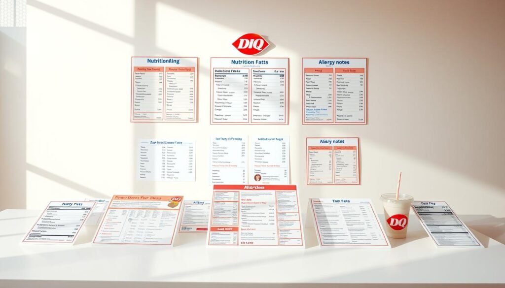 A well-lit table showcasing an array of Dairy Queen's nutritional information and allergy notes, displayed on a clean, white surface. The layout is organized and professional, with a clear hierarchy of information. The background is a soft, pastel gradient, providing a clean and calming ambiance. The image is captured with a wide-angle lens, allowing for a comprehensive view of the spread. The lighting is natural and diffused, casting gentle shadows and highlights to accentuate the details. The overall mood is informative and inviting, designed to effectively convey the key nutritional facts and allergen notes to the viewer.