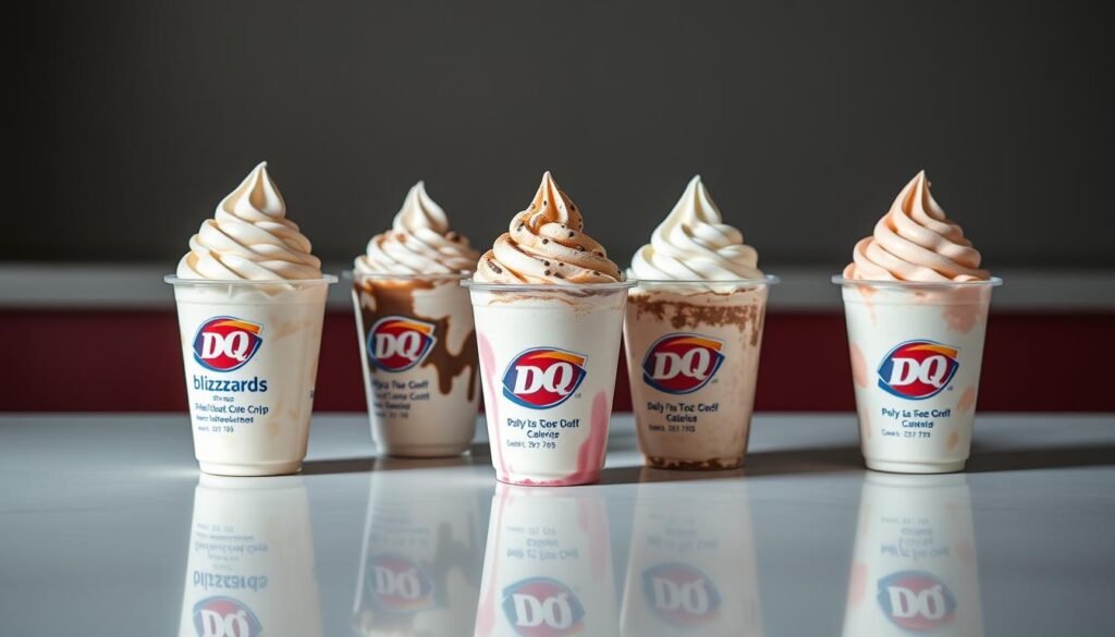 Detailed photograph of a variety of Dairy Queen Blizzard treats, showcasing their distinct flavors and ingredients. The Blizzards are displayed on a clean, reflective surface, with each one clearly visible and well-lit. Alongside the Blizzards, precise calorie and price information is displayed in a clean, legible font. The composition is balanced and visually appealing, with a focus on capturing the delectable nature of the Blizzards and their relevant nutritional data. The overall mood is one of informative clarity, allowing the viewer to easily assess the Blizzard options and make informed decisions. Captured with a high-quality DSLR camera, using soft, diffused lighting to accentuate the textures and colors of the Blizzards.
