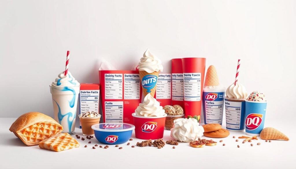 Intricate still life composition showcasing the Dairy Queen menu items and their nutritional information. Set against a clean, minimalist backdrop with soft, even lighting. Displayed are a variety of Dairy Queen treats such as Blizzards, sundaes, and soft serve cones, each accompanied by their calorie, fat, and carbohydrate content. The arrangement is visually balanced, with the items laid out in a grid-like pattern to emphasize the nutritional data. The overall mood is informative and educational, inviting the viewer to consider the dietary implications of their Dairy Queen indulgences.