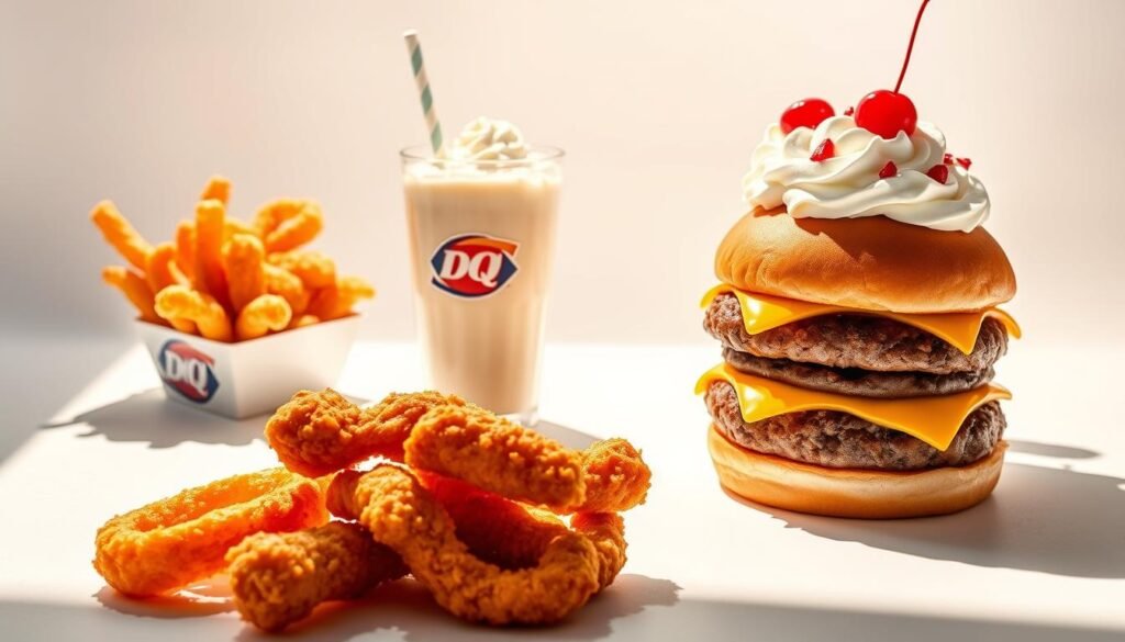 Luscious Dairy Queen treats emerge from a pristine white backdrop, casting soft shadows. In the foreground, a selection of savory delights - crisp onion rings, golden chicken tenders, and a juicy burger with melted cheese. Midground showcases a creamy milkshake and a decadent sundae adorned with whipped cream and cherries. The background hints at the Dairy Queen brand through subtle hints of the signature blue and orange colors. Warm, natural lighting illuminates the scene, creating an inviting and mouthwatering atmosphere. The composition is balanced, drawing the viewer's eye to the unique, secret menu items beyond the classic Blizzard.