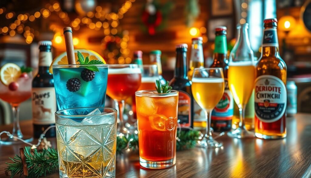 A beautifully arranged table featuring a variety of holiday drinks, including brightly colored cocktails garnished with festive fruit slices, sparkling glasses of spiced cider, and vibrant beer bottles with winter-themed labels. In the foreground, focus on a shimmering cocktail with a cinnamon stick and a sprig of mint. In the middle, display a collection of drinks encircled by small pine branches and twinkling fairy lights, creating an inviting atmosphere. The background gently transitions into a softly lit tavern setting, filled with rustic wooden textures and seasonal decorations. Use warm lighting to enhance the cozy, celebratory mood, and a slight bokeh effect to create depth. The image should convey the essence of holiday cheer and special gatherings.