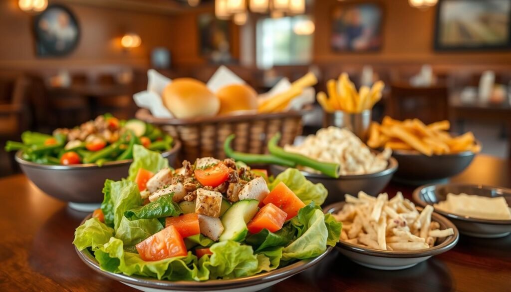 A beautifully arranged table featuring an assortment of Texas Roadhouse starter salads and sides. In the foreground, showcase a vibrant garden salad with fresh lettuce, tomatoes, cucumbers, and a colorful array of toppings, drizzled with dressing. Beside it, a hearty bowl of seasoned green beans and a side of creamy coleslaw. In the middle, include a basket of freshly baked rolls with butter, and a small dish of crispy fries. The background should be softly blurred, depicting a warm and inviting restaurant ambiance with wooden décor and warm lighting. Capture the scene from a slightly elevated angle to highlight the food. The mood should be friendly and appetizing, inviting viewers to explore safe dining options.