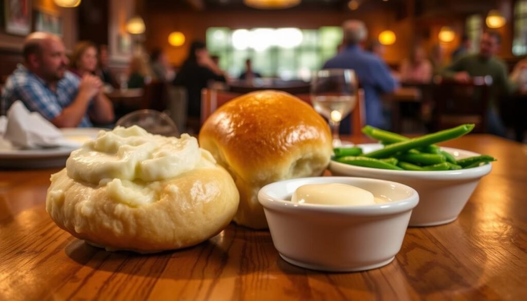A beautifully arranged table set for a Texas Roadhouse Early Dine meal, showcasing two sides—creamy mashed potatoes and fresh green beans—alongside fluffy, golden-brown rolls, glistening with melted butter. In the foreground, the texture of the food is detailed, capturing the steam rising from the hot rolls. The middle ground features a rustic wooden table, with warm, inviting lighting that highlights the delicious meal. A cozy ambiance is enhanced by soft focus in the background where faint silhouettes of diners enjoying their meals can be seen, creating a lively but comfortable atmosphere. The overall mood is friendly and welcoming, ideal for a family dining experience.