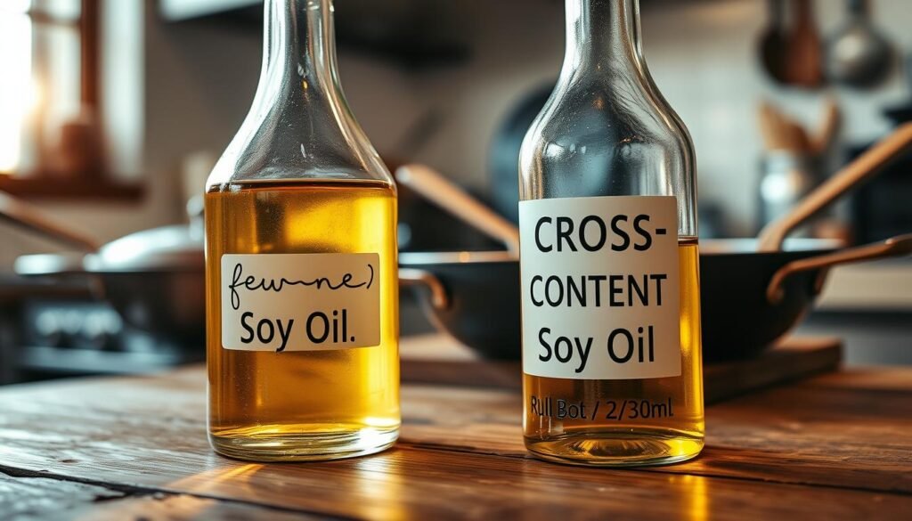 A close-up shot focusing on a clear glass bottle of soy oil labeled "Cross-Contact Soy Oil" placed on a rustic wooden table, representing potential allergen risks. The foreground features the glistening oil, reflecting soft natural light from a nearby window, creating a warm and inviting atmosphere. In the middle ground, various kitchen utensils like a frying pan and spatula are partially visible, suggesting shared equipment often found in restaurant kitchens. The background fades into a blurred kitchen setting, subtly indicating the cooking environment. The overall mood is informative yet approachable, aimed at raising awareness about allergen cross-contact in a culinary context, with soft, diffused lighting enhancing the scene's warmth and focus.
